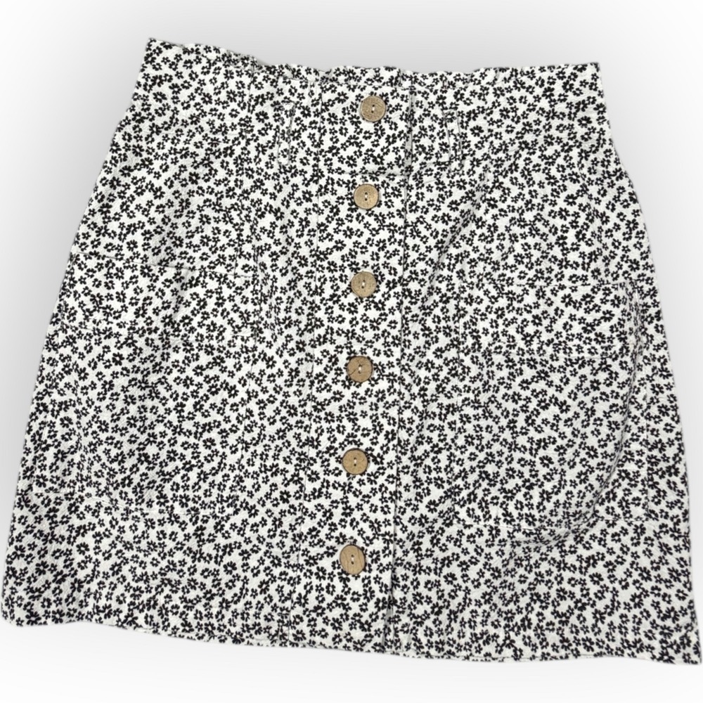 Hesperus Black White Floral Button‎ Front mini Skirt Womens Size L Boho Daisies